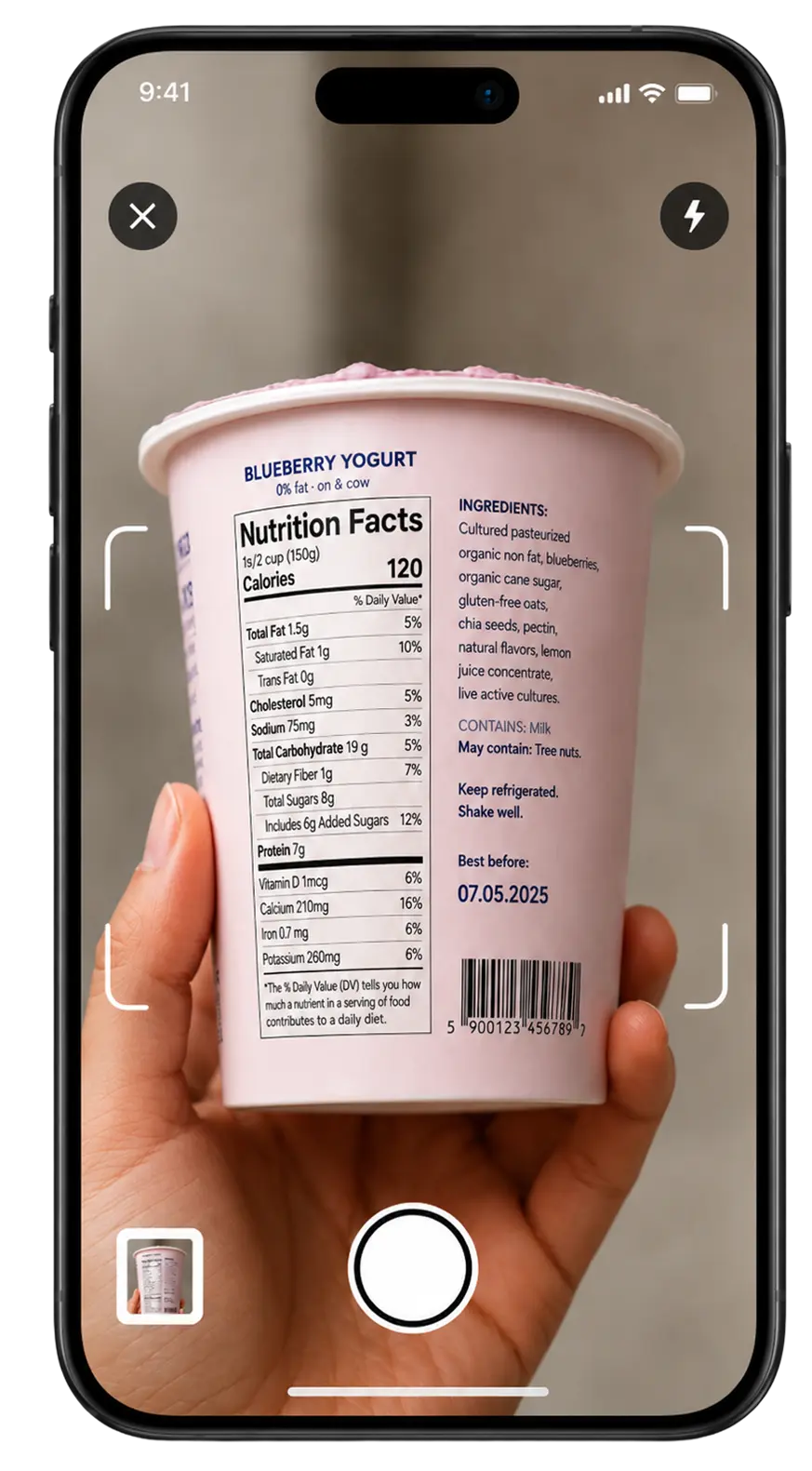 Scanning a blueberry yogurt nutrition label