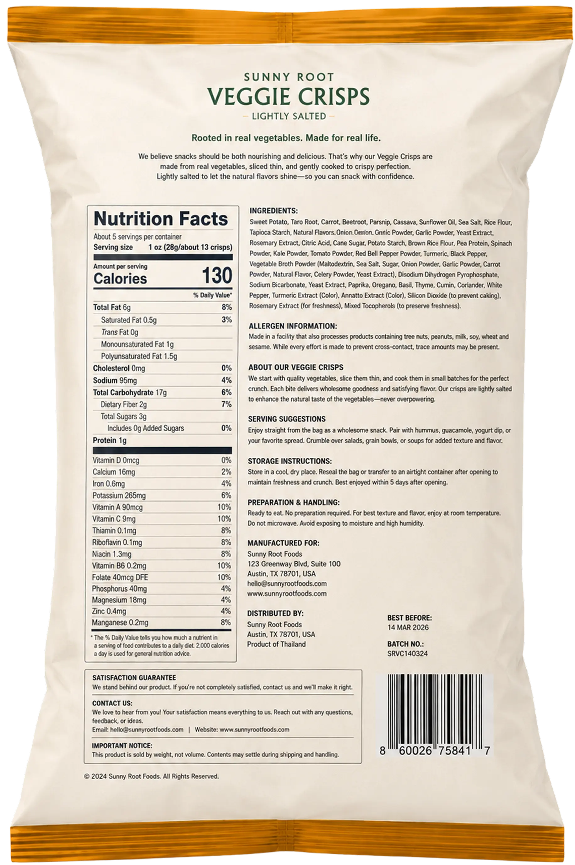 A veggie crisps bag with a dense nutrition label
